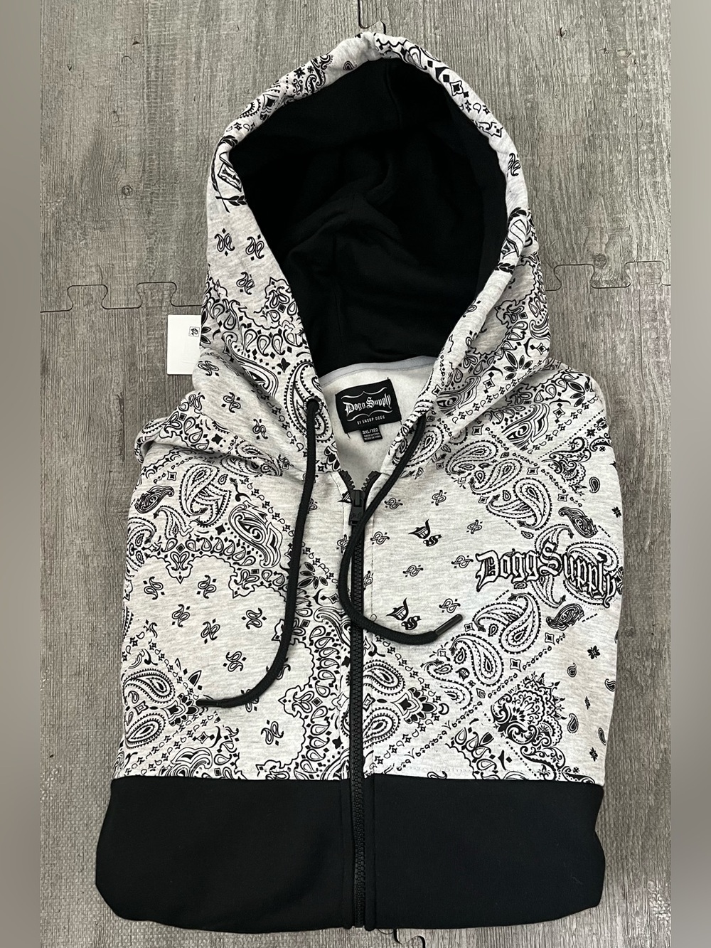 Dogg Supply Men’s 3XL Big & Tall Full Zip Hooded Hoodie Black Gray Paisley